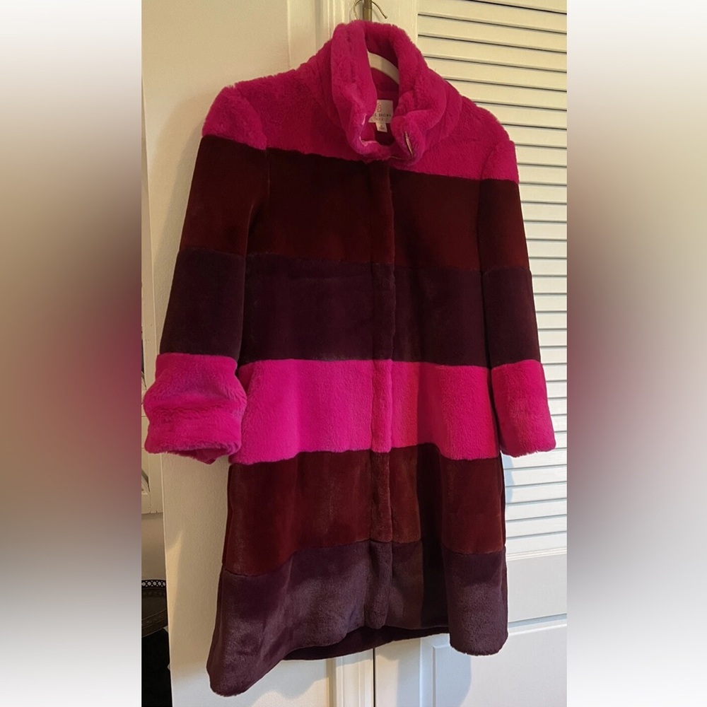 Julie Brown Pink and Burgundy Striped Faux Fur Coat